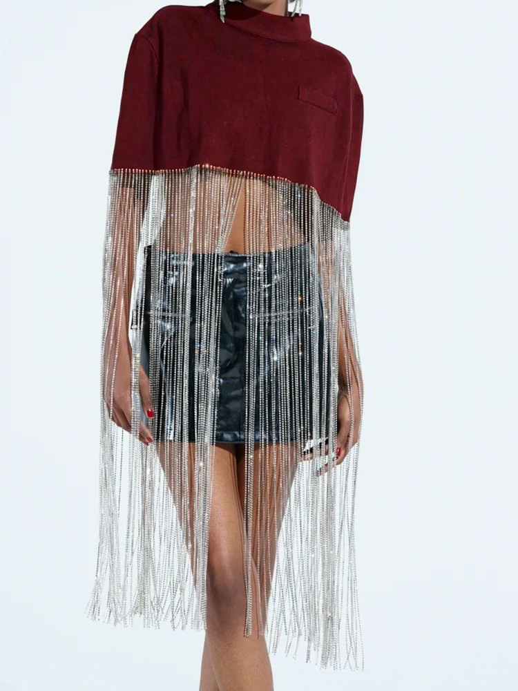 

Women's Stand Collar Tassel Patchwork Blouse Spring Autumn Half Sleeve Loose Casual Pullover Tops Chic Short Shirts Streetwear