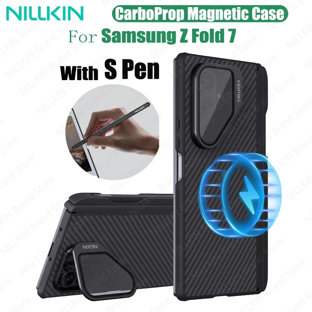

For Samsung Galaxy Z Fold 7 MagSafe Case NILLKIN CarboProp Magnetic Case Aramid Fiber With Stylus With Phone Holder Camera Cover