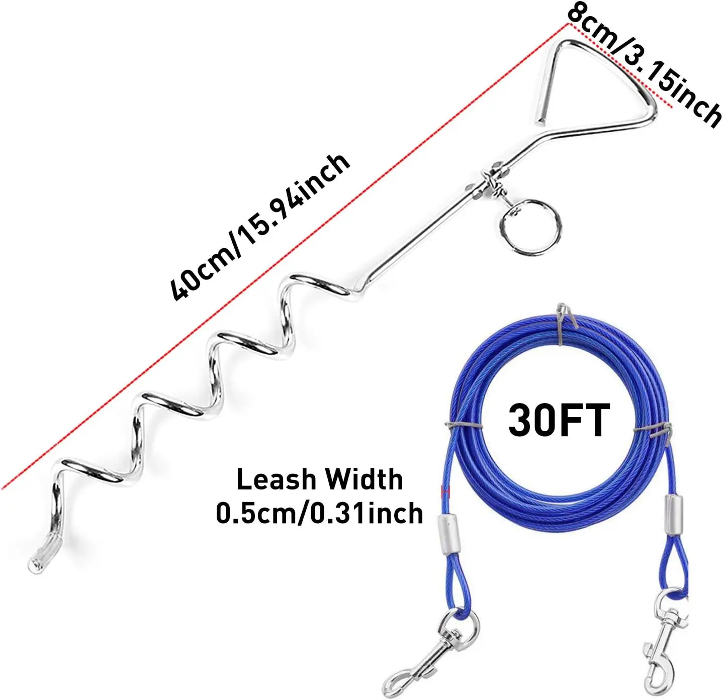 30ft Heavy Duty Dog Tie Out Cable with Anti-Rust Stake, Blue Leash for Medium-Large Dogs Up to 125 lbs 3