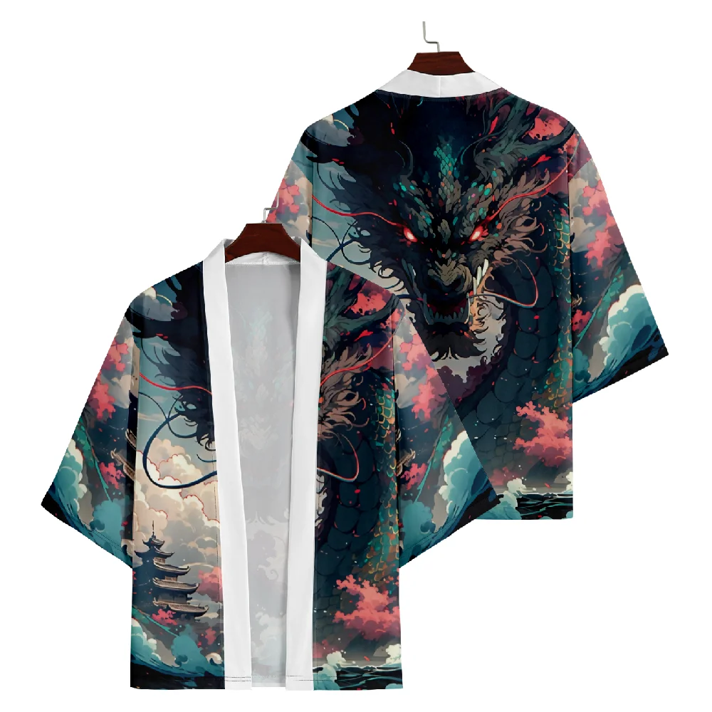 

Chinese Dragon Print Kimono Streetwear Men Women Cardigan Haori Traditional Japanese Beach Yukata 5XL 6XL