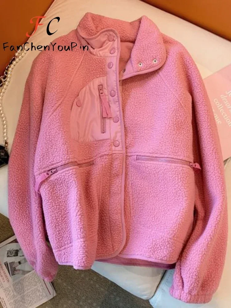 Women\'s Coats 2024 New Design Sense Casual Vintage Button Pink Fleece Lamb Patchwork Tops Korean Over-size Loose Jackets Female