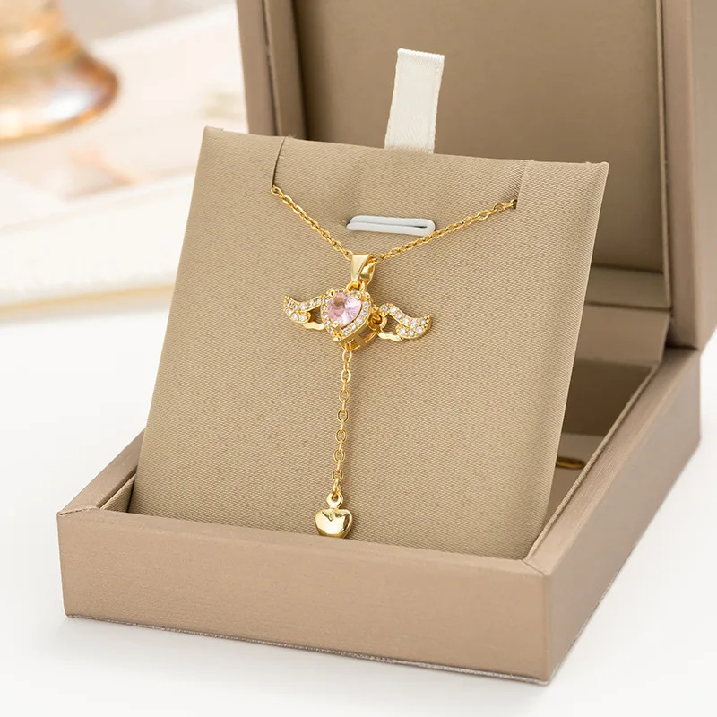 

18K Gold Plated Heart Angel Wings Necklace For Women Zircon Titanium Steel Necklace Jewelry Accessories