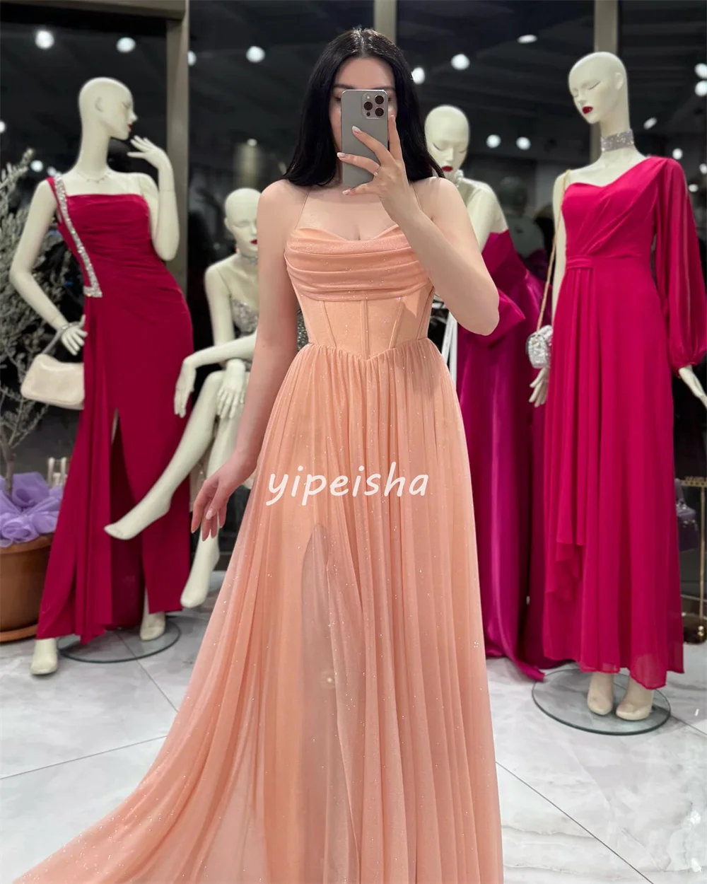 Vestidos largos personalizados de alta calidad, moda de gasa con lentejuelas y plisado, corte en A, cuello Halter, vestidos para ocasiones a medida, elegantes a juego