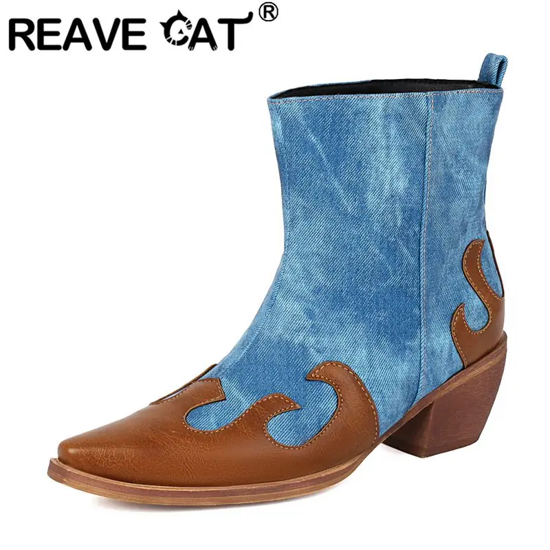

REAVE CAT Ковбойские ботильоны с квадратным носком 5,5 см на блочном каблуке без шнуровки смешанного цвета, большой размер 42 43 Leisure Vintage Cowgirl Western Bota