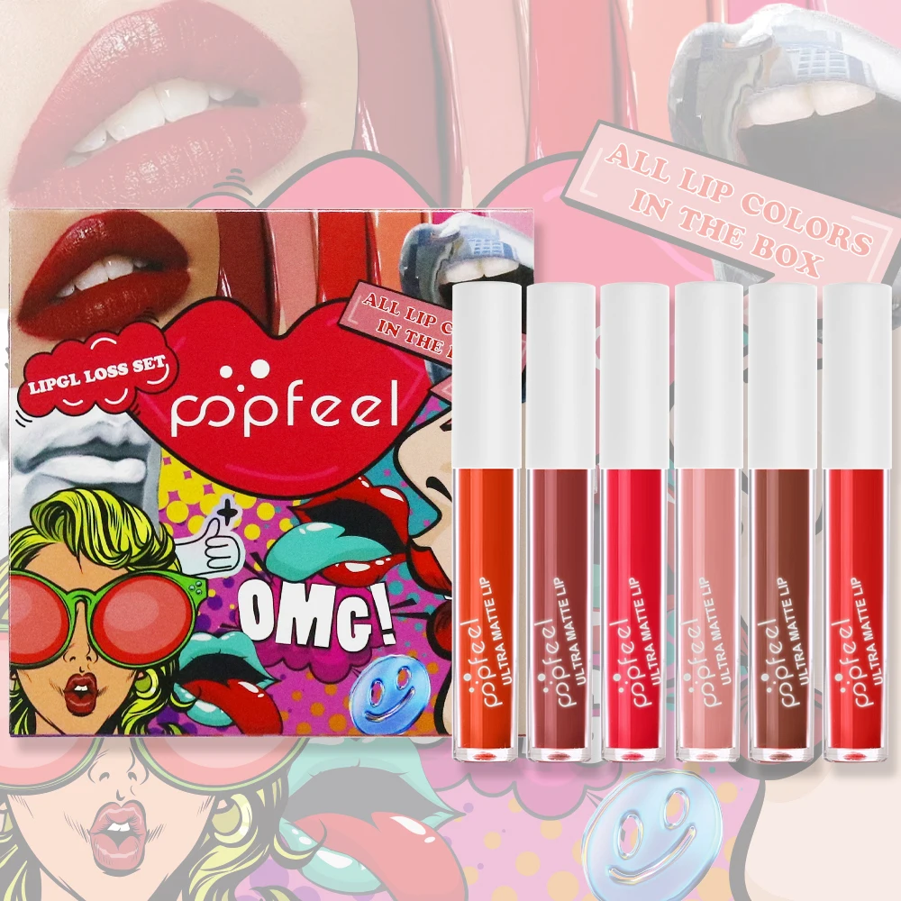 POPFEEL キャンディーカラー リップグロス&リップステイン 6個セット - 長持ち、転写しないフォーミュラ、あらゆる機会に最適、パーティーメイクに最適