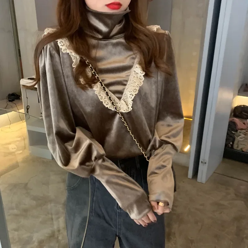 Lace Blouses Ruffle Patchwork Women Black Shirts Korean Vintage Turtleneck Elegant Ladies Tops Blusa Mujer De 2024 Ruffle Top