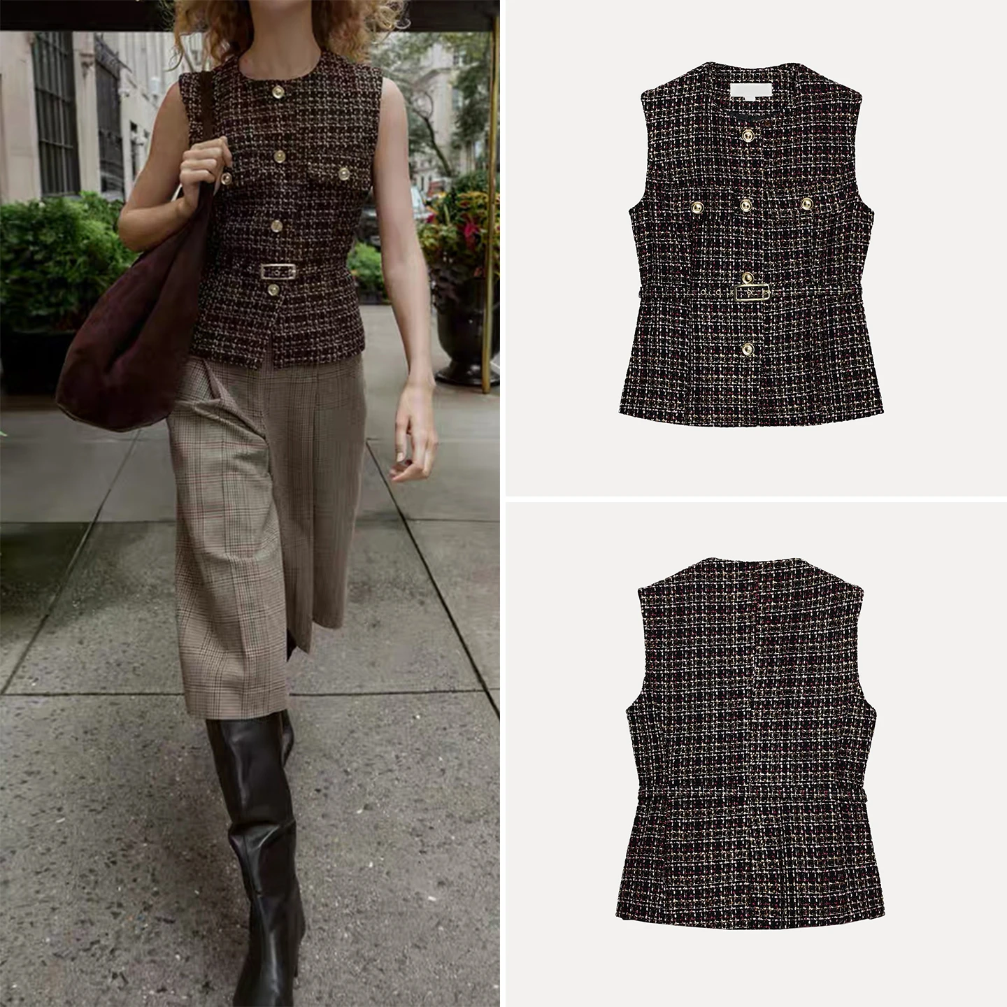 

Z 2025 New Sweet Faion Texture Belt Decorated Women's Vest Sli Individuali Chinese Brand Autumn Season Ladies Vest