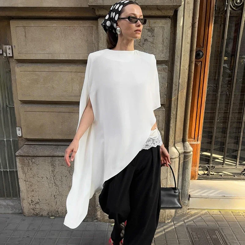 

Solid Irregular T shirt For Women Loose Sexy Shoulder Pads Shawl Elegant Vacation Top Autumn New Pullover T shirt