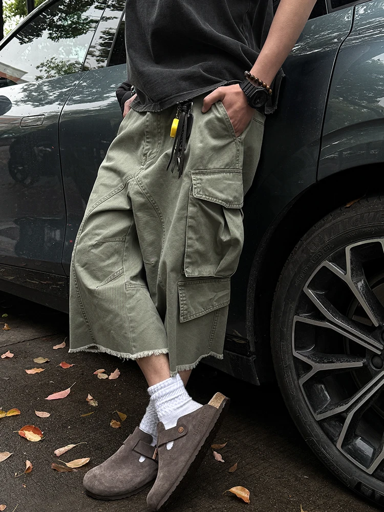 

Faionable Waed Fce Destroyed American Retro Baggy Work Pants with Multiple kets Straight Leg Seven-Foot orts