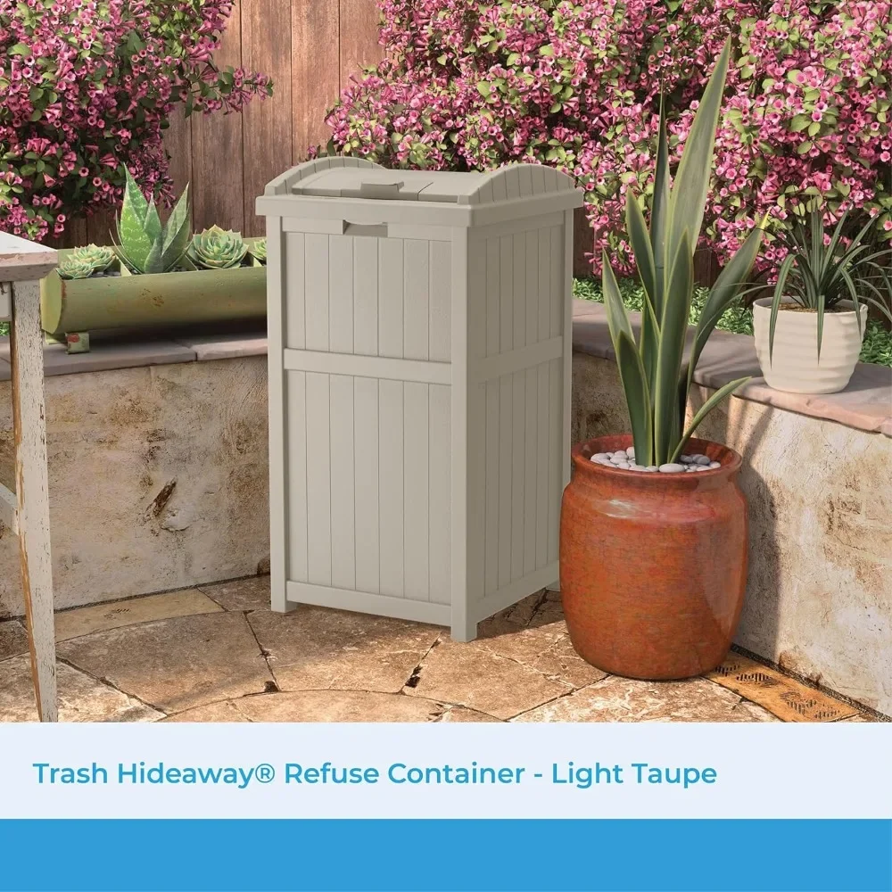 

33 Gallon Hideaway Trash Can for Patio - Resin Outdoor Trash with Lid - Use in Backyard, Deck, or Patio - Taupe