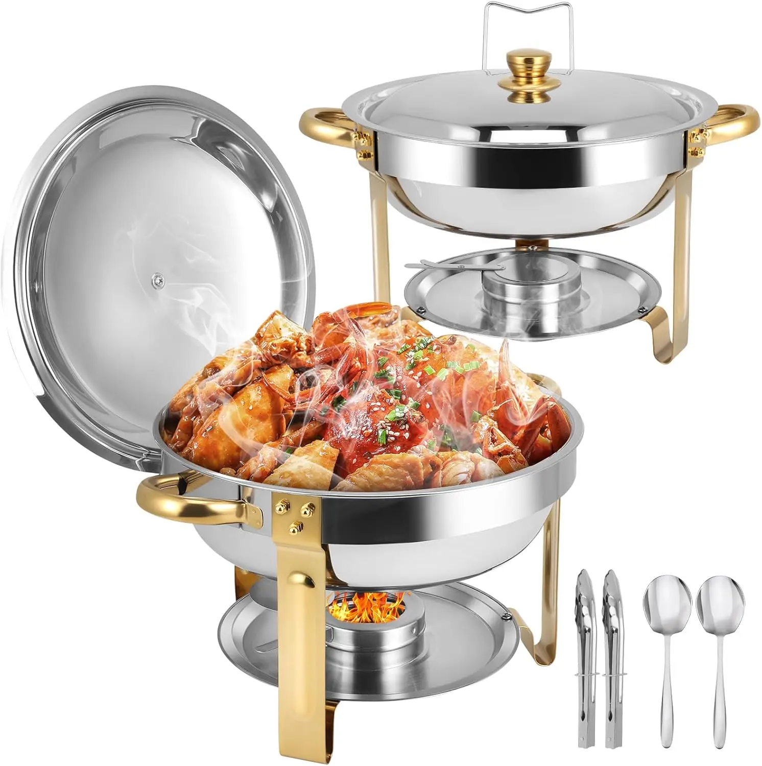 

2-Pack 5QT Round Stainless Steel Chafing Dish Set, Gold & Silver Buffet Warmers for Catering and Home Parties