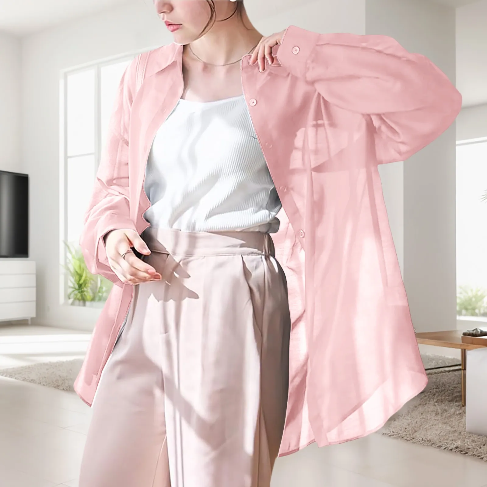 Summer Women\'s Shirt Light Thin Breathable Ice Silk Long Sleeve Sun Protection Shirt Solid Color Casual Loose Drape Blouse Shirt