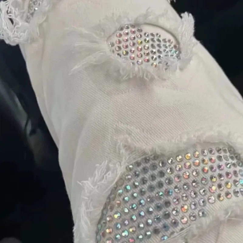 

Men's High Street in Diamond Embellied Waed Hole Patchwork Ironed Diamond Jeans Casual Tight Fit Sle All Seasons