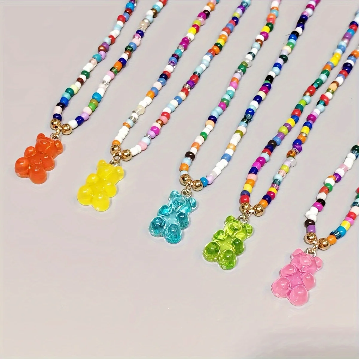 5-Pack Y2K Cute and Sweet Colorful Beaded Jelly Bear Necklaces for Girls - Perfect for Everyday Wear, Music Festivals, and as a