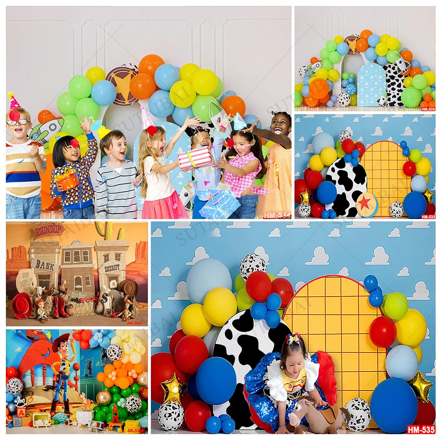 

Toy Story Children Photography Backdrop Boy Birthday Party Supplies Decoration Blue Sky and White Clouds Wall Cartoon Background