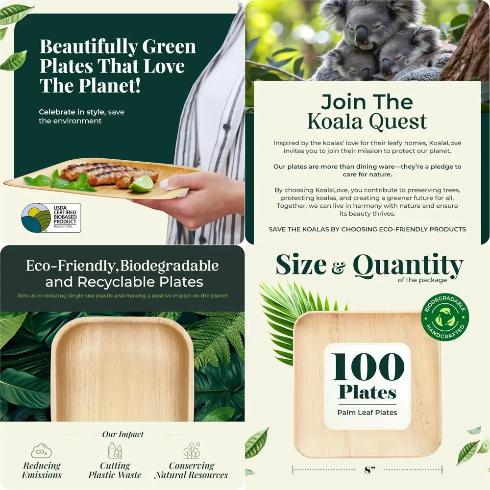 

Elegant Bamboo & Palm Leaf Plates, 8 Square, 100 Pack, Disposable, Sturdy for Parties (KoalaLove-PLP-8IN-100)