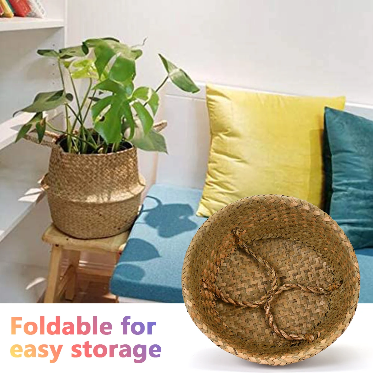 

Seagrass Storage Basket Folding Flower Pot Planter Plant Pot Straw Wicker Basket Rattan Laundry Basket Garden Decorative