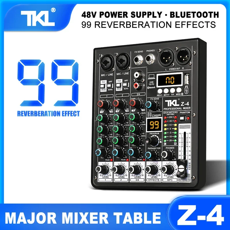 

FOR TKL Z4 Professional 4 Channel Mixer 48V Phantom Power 99DSP Bluetooth USB Mixing Console Performance