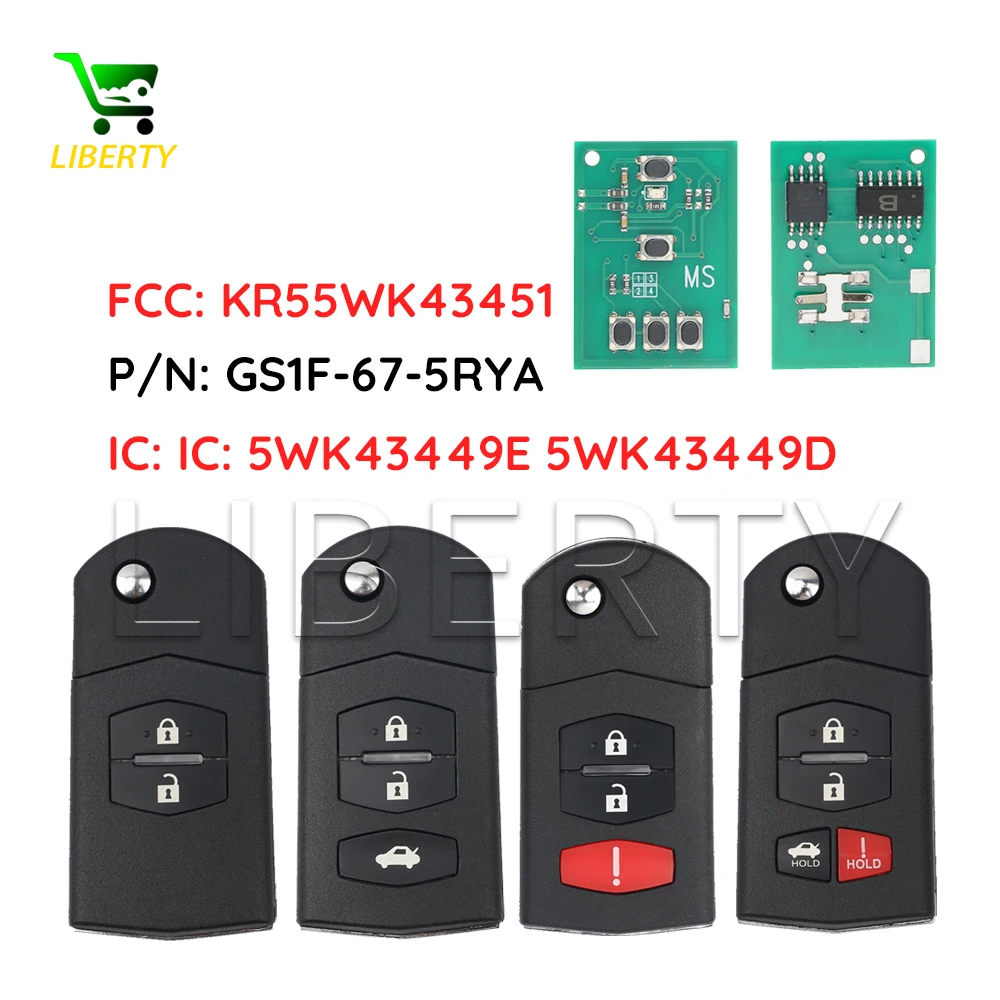 

Liberty для Mazda 2 6 2007-2011, дистанционный раскладной автомобильный брелок FCC KR55WK43451 PN GS1F-67-5RYA 4D63, сменный чип, автоключи