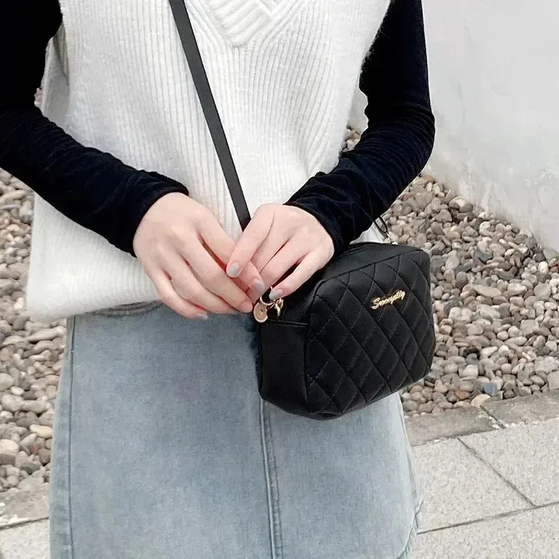 New Women's Fashion Simple Embroidery Camera Bag Checkered Crossbody Bag