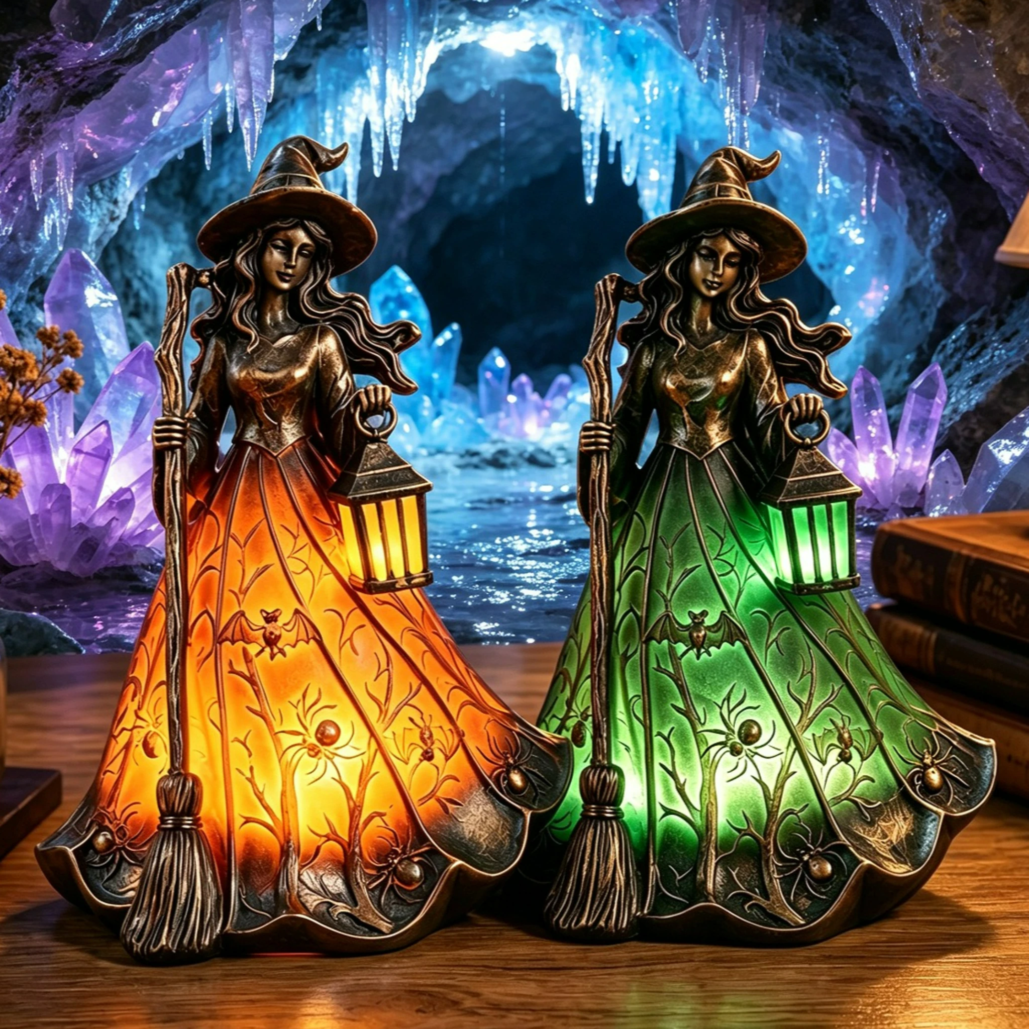 Halloween Witch Lantern LED Night Light Resin Statue Gothic Home Decor with Broom for Home Decoration Ornaments Spooky Party