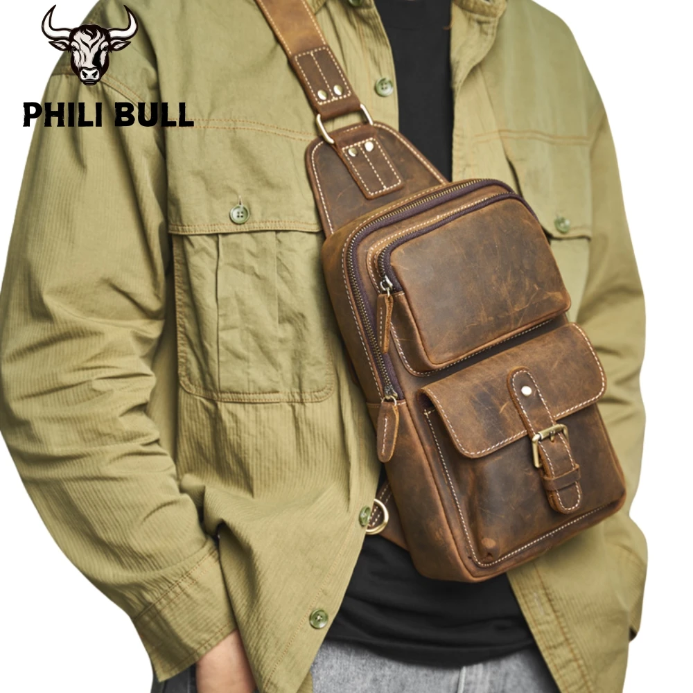 

PHILI BULL Genuine Leather Men's Leather Chest Bag Vintage Sling Bag For Men Crossbody Shoulder Bag Casual Small Backpack