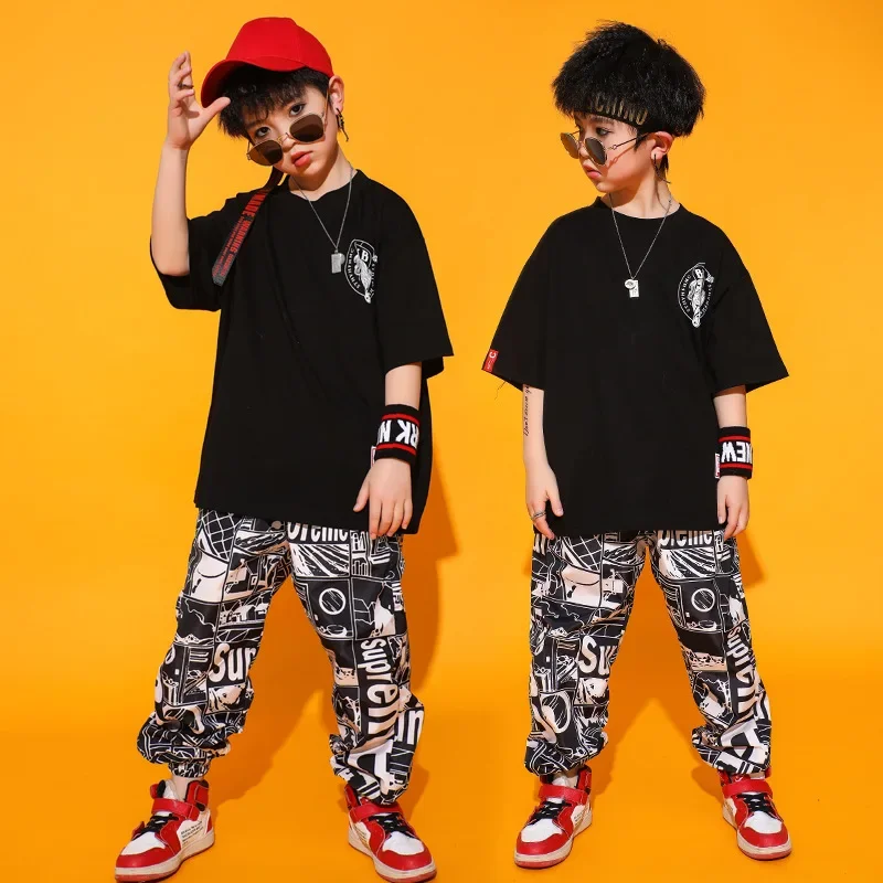 Kids Shirt Tops Graffiti Jogger Pants Jazz Hip Hop Dancing Costumes Party Stage Wear Black Girls Boys Ballroom Dance Clothes