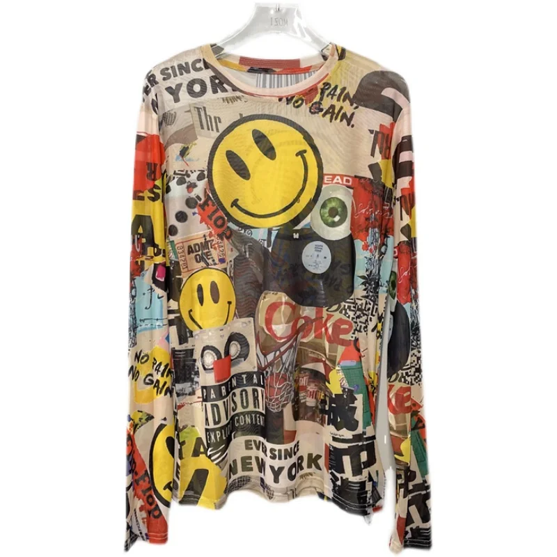 Graffiti Print T-Shirt Women High Stretch Ice Silk O-Neck Long Sleeve T Shirt Female Casual Fashion Summer Tees Sunscreen Tops