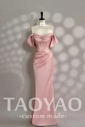 Simple Mermaid Evening Party Dresses Customized Pink Satin Off Shoulder Floor Length Pleated Robe de soirée Party Prom Gown