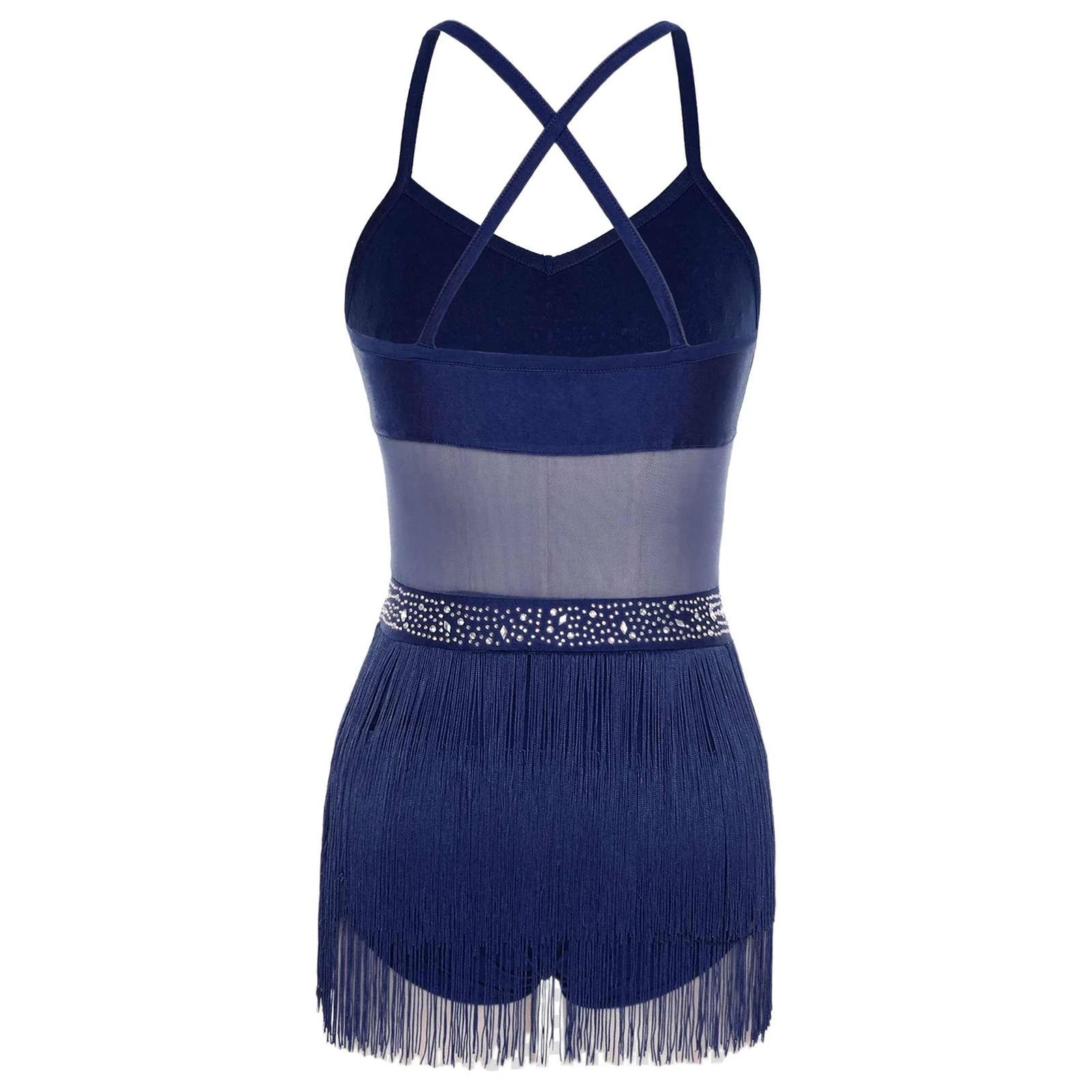 Robe justaucorps de danse latine pour femmes, strass cha-cha Samba Tango, Costumes en maille transparente, franges à pampilles, body une pièce, vêtements de danse