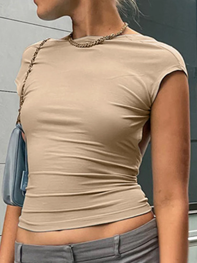 Manga curta sem costas topos feminino multi maneiras usar 2024 magro básico verão magro recortado sexy t camisa colheita topo