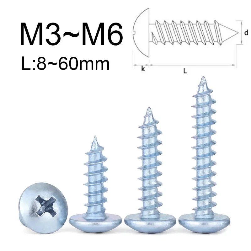 5~35PCS Blue Zinc Phillips Large Flat Self Tapping Screws M3 M4 M5 M6 Blue Zinc Plated Hardened Mushroom Self Tapping Wood Screw