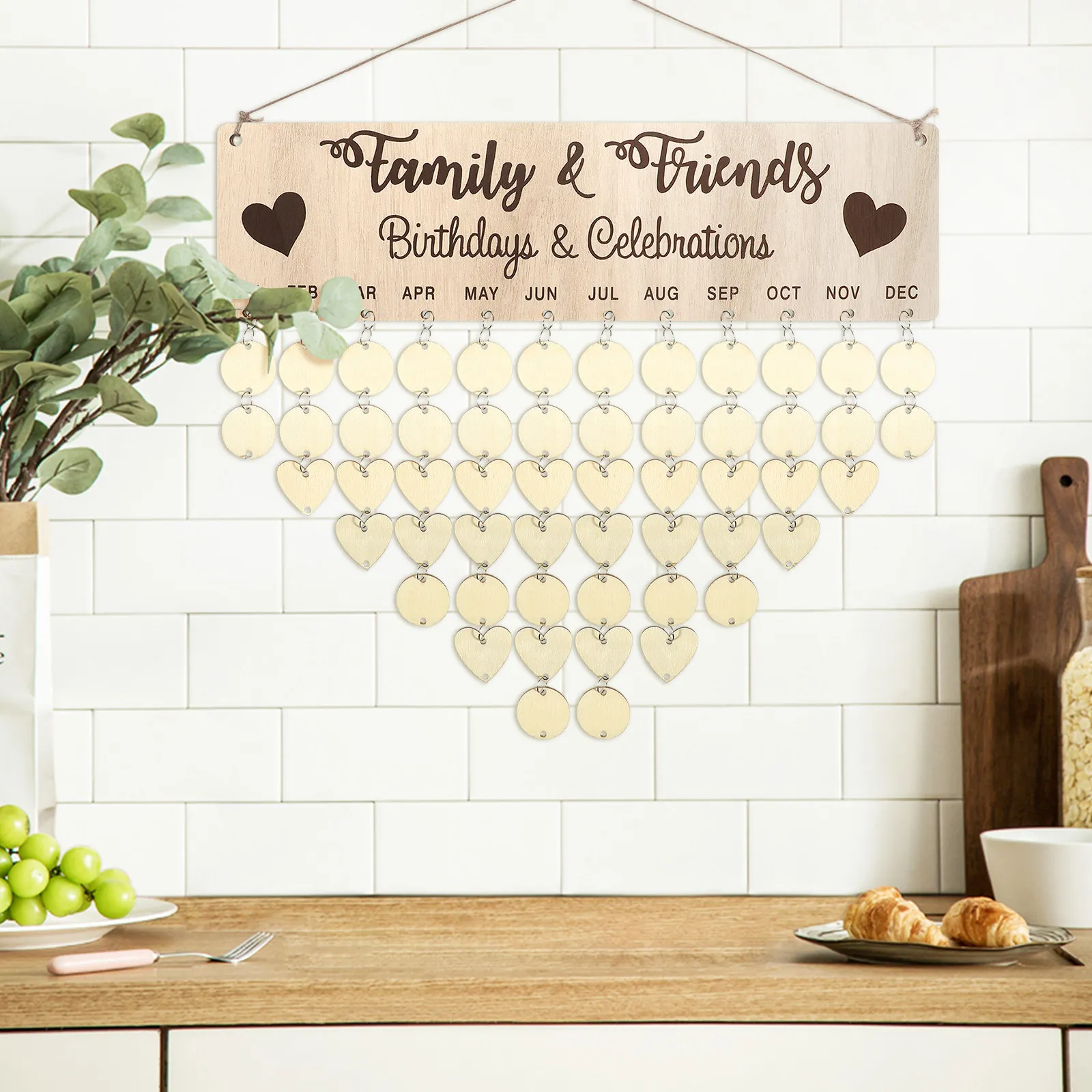 

1Set Wooden Hanging Birthday Calendar Reminder Board Plaque DIY with 50 Round and 50 Heart Pendants Home Decor Gift