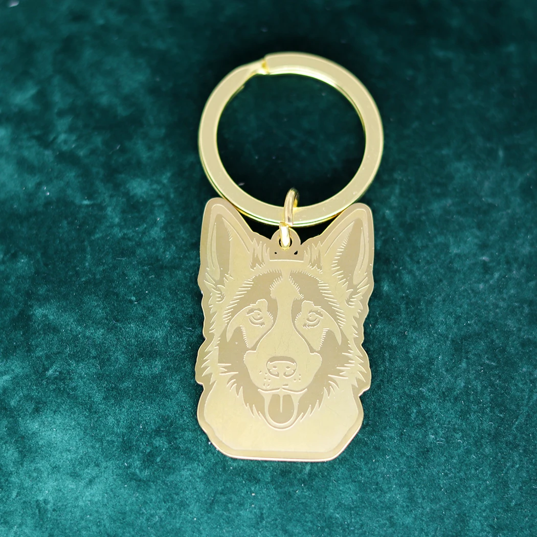 Trendy Gold Plated German Shepherd Dog Keychain for Women Men Jewelry Pet Lucky Charms Kids Gifts Stainless Steel Accessories