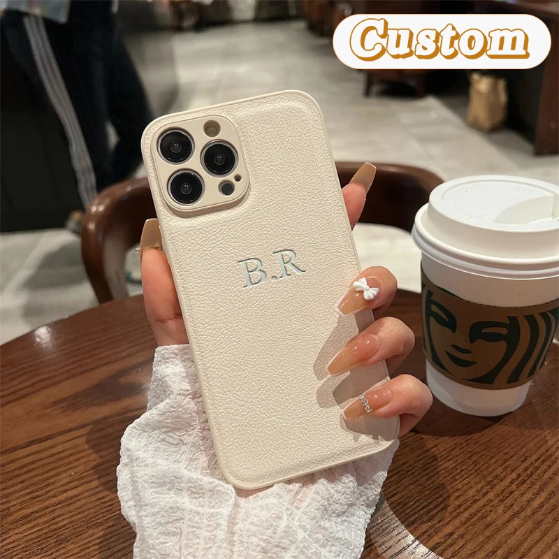 

Personalized Case For iPhone 16 15 14 13 12 11 Pro Max Custom Initials Name 3D Letter DIY Cover 15 16 Pro Luxury Leather Case