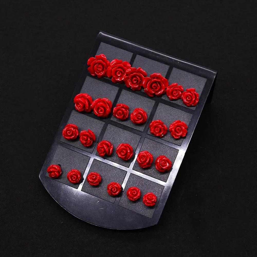 3 Pairs Red Coral Rose Earrings Fashion Natural Sea Bamboo Stainless Steel Coral Earrings Wedding Party Jewelry for Girlfriends