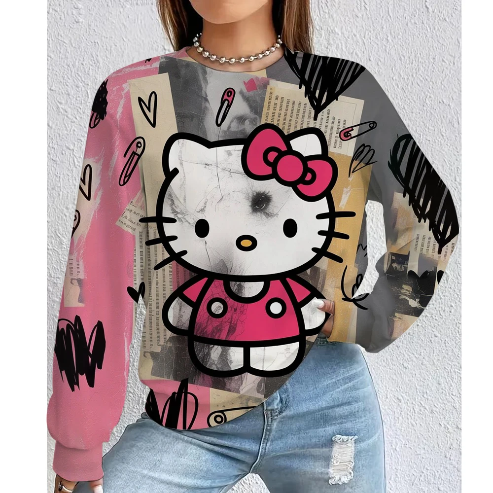 เสื้อฮู้ดผู้หญิงฤดูใบไม้ร่วง/ฤดูหนาวใหม่ Y2K เฮลโล คิตตี้การ์ตูนพิมพ์เสื้อคอกลมเสื้อหลวมแขนยาวเสื้อฮู้ด
