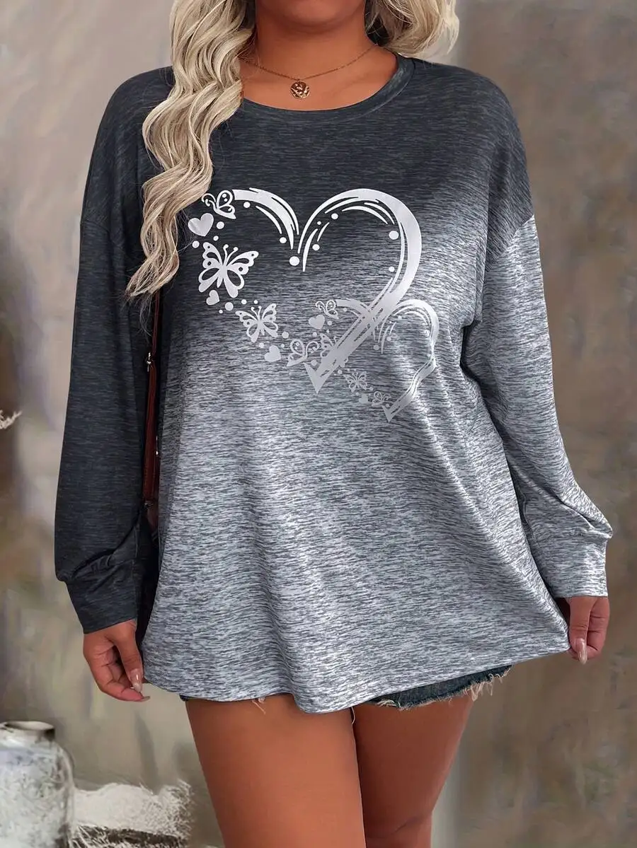 

Plus Size Crew Neck Long Sleeve Ombre Heart Butterfly Print Casual T-Shirt Women Tops