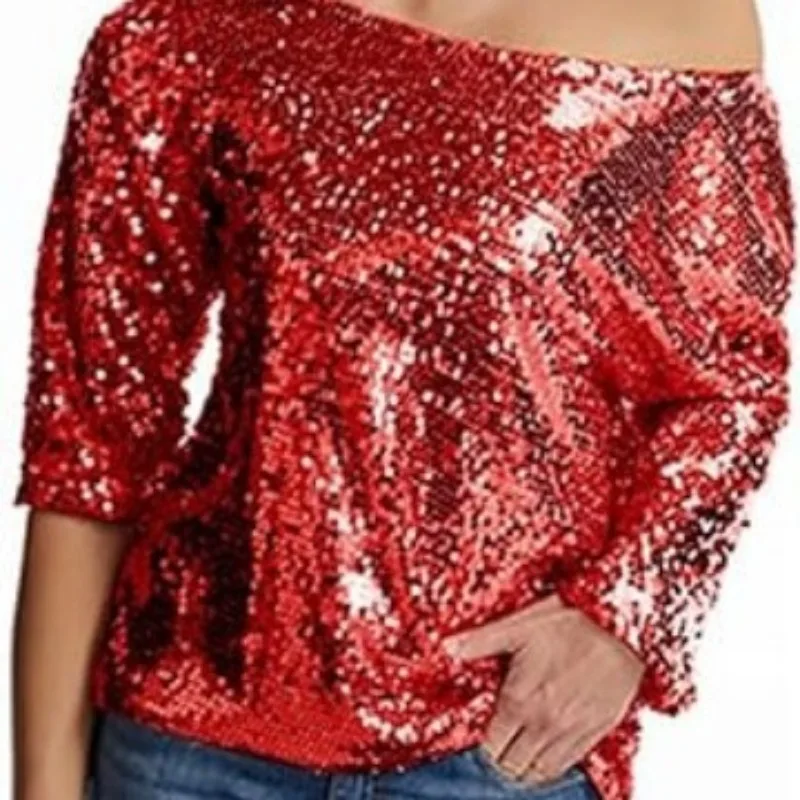

2025 New Fashion Women Sequin Slanted Shoulder Shinny Tops Sexy Ladies Short Sleeved Club Party Sequin Deep Collar T-shirts