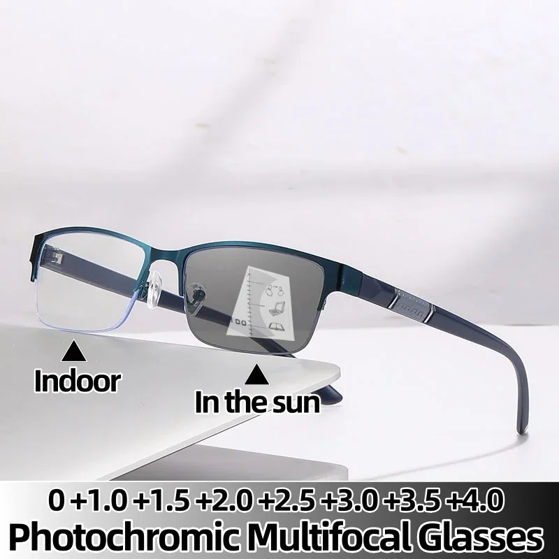 

Smart Photochromic Multifocal Reading Glasses Men Business Presbyopia Eyewear Metal Frame Far Sighted Eyeglasses with Sunshades