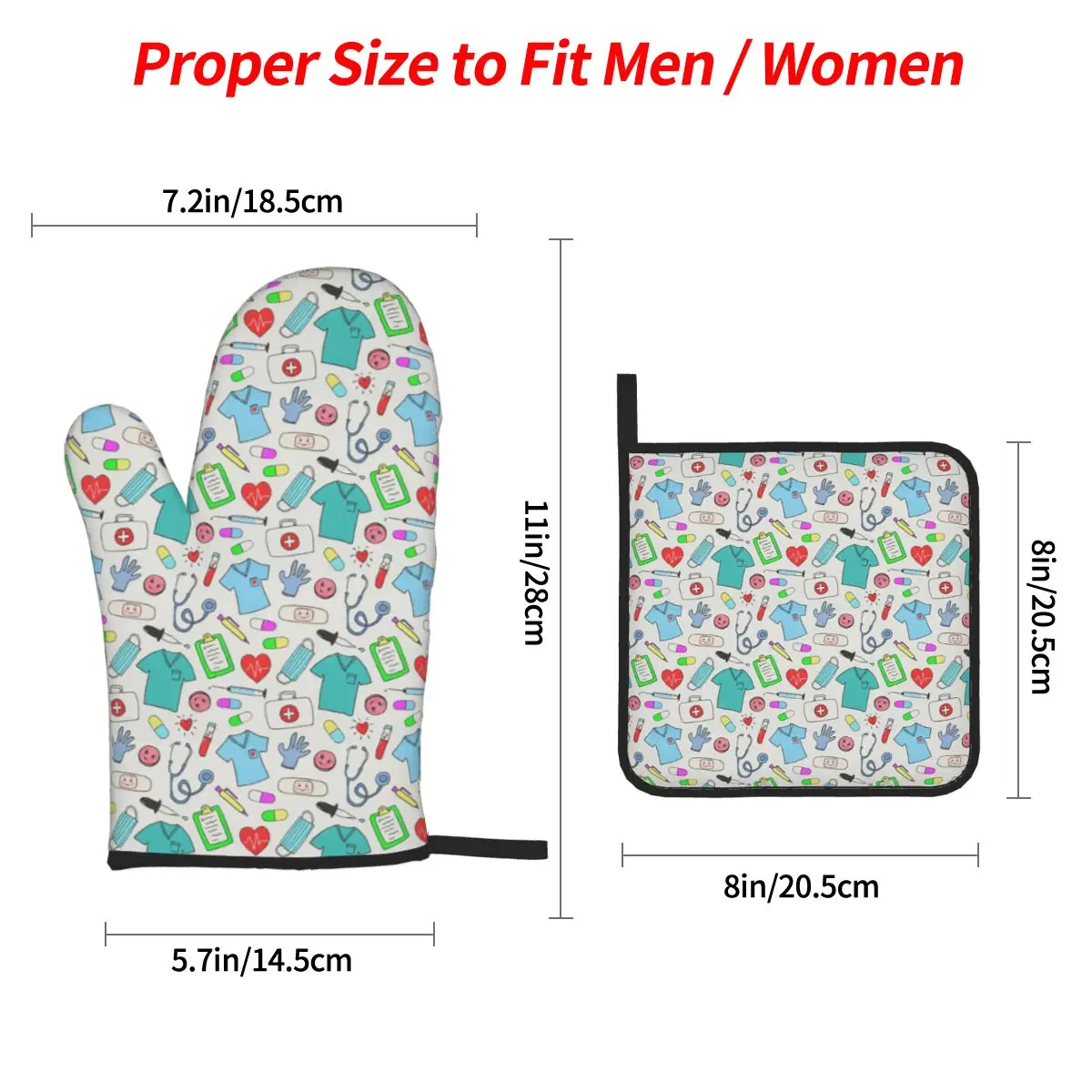 Nursing Nurse Colorful Pattern Oven Mitts and Pot Holder Sets of 4 for Baking Kitchen Cooking Grilling Resistant Non-Slip Gloves