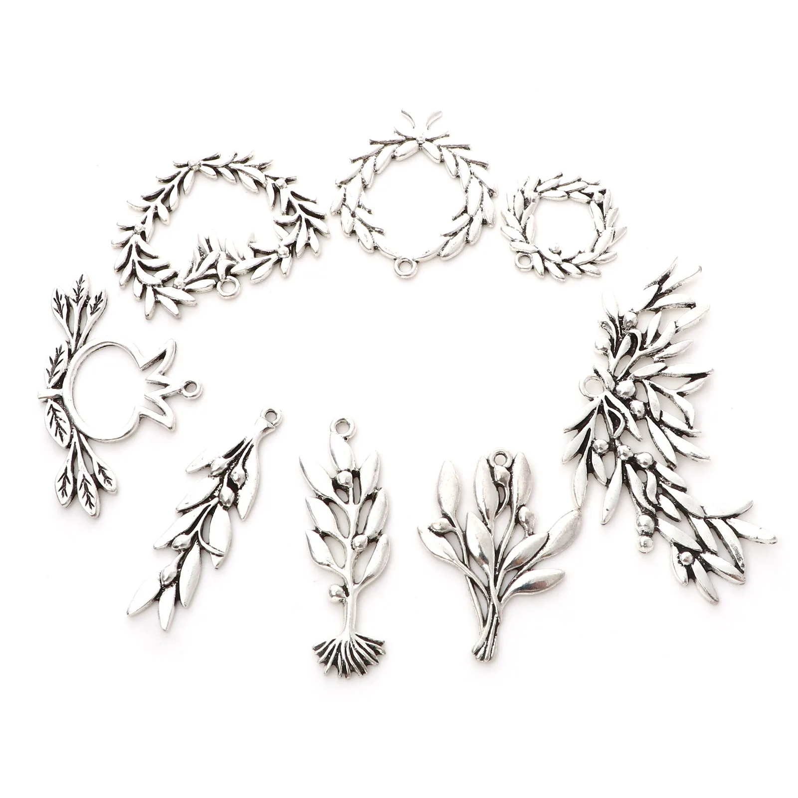 5PCs Vintage Plant Pendants Antique Silver Color Olive Branch Flower Leaves Charms DIY Making Necklace Bracelets Women Jewelry