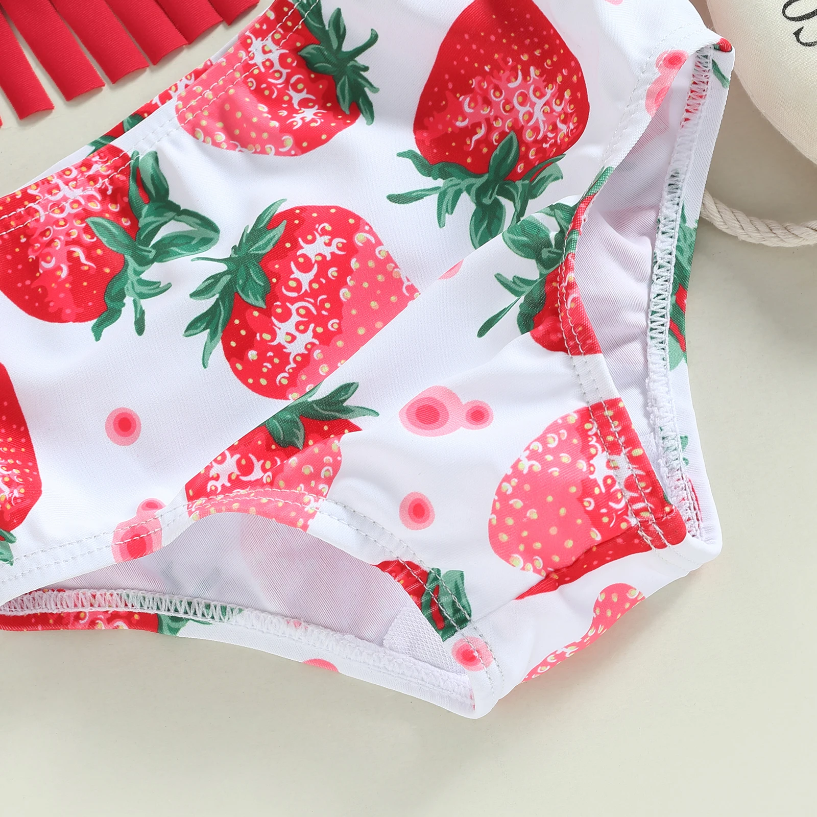 Toddler Girls 3 Piece Swimsuits Solid Color Tassel Tops Strawberry/Flower Print Shorts Headband Split Bathing Suit Swimwear Set