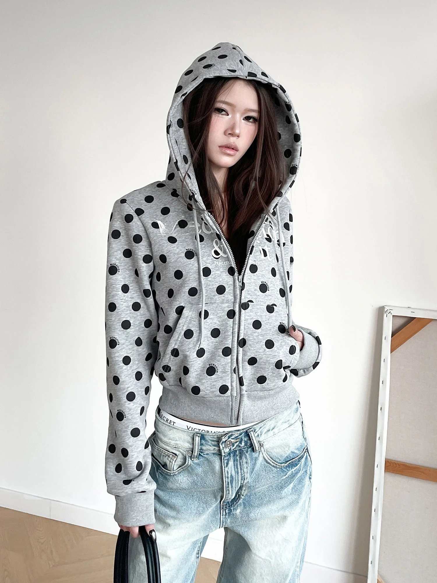 

Женская толстовка Inbeowroom с ретро-принтом в горошек и надписями, на молнии, повседневная, дышащая, ветрозащитная, с защитой от солнца