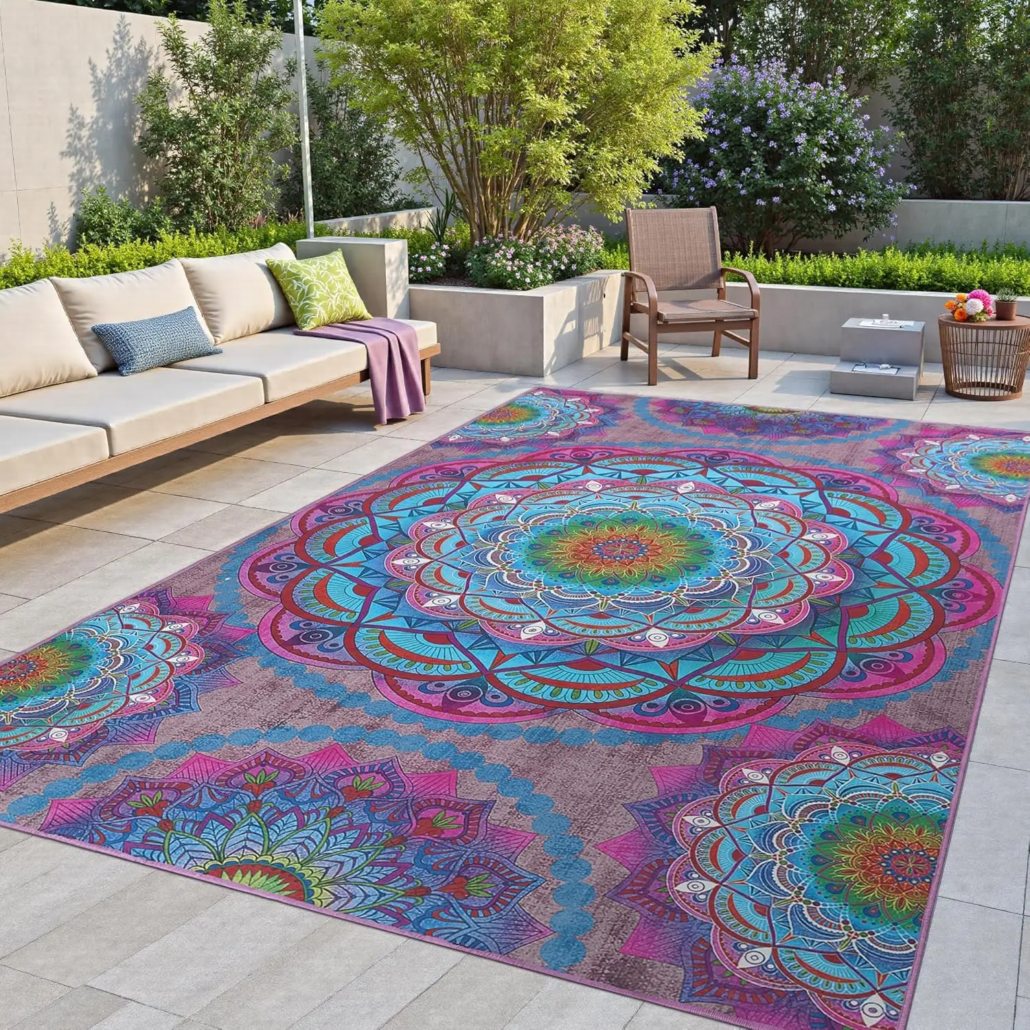 5x8 ft Mandala Pattern Rug, Boho Style for Indoor Outdoor Use, Easy Clean Non-Slip Yoga Mat Picnic Patio
