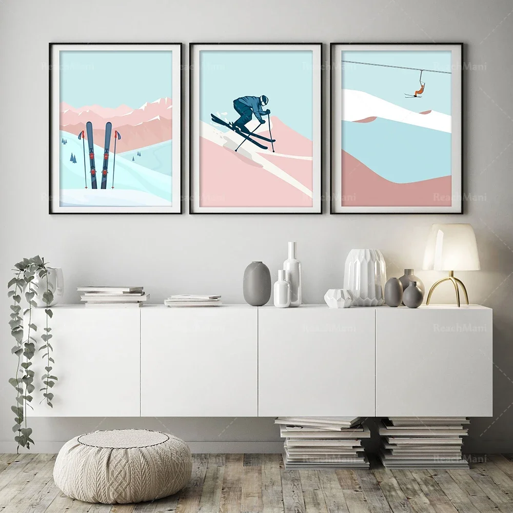 

Winter ski print, snow ski poster, snow mountain nordic landscape print, retro ski lift poster decoration picture
