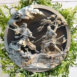 Aluminum Metal Round Sign Wall Decor, Waterproof, HD Print, Samurai Warrior Battle, Pre-drilled, Weather-Resistant, Home Decor