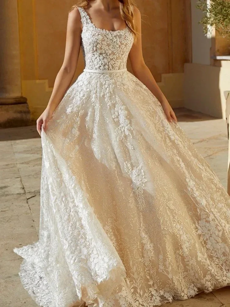 

Flavinke Элегантные кружевные аппликации по индивидуальному заказу Свадебные платья трапециевидной формы на молнии сзади Романтические платья невесты Vestidos De Novia