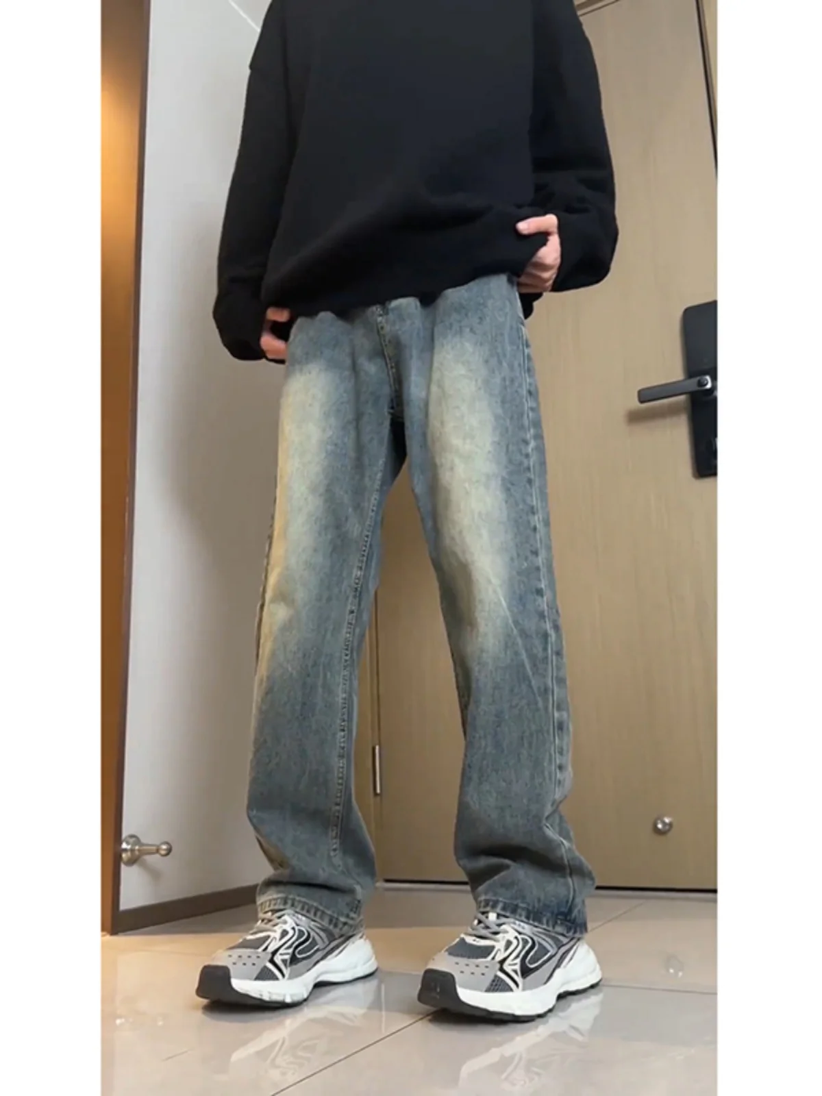 

Men's Fce Lined Belted Denim Jeans Trendy Cleanfit High Street Autumn Winter Straight Leg Wide Leg Long Trousers