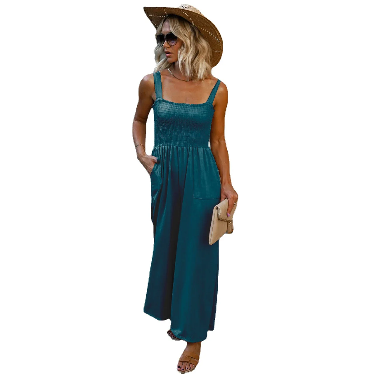 Feminino novo casual bolso solto perna larga calças gerais macacão férias multi-cor cinta sem mangas